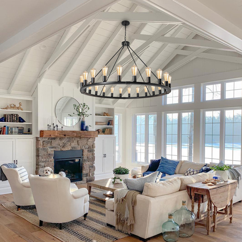Gracie Oaks Costachi 24-Light Wagon Wheel Chandelier, 47 Gracie Oaks Costachi 24-Light Wagon Wheel Chandelier, 47
